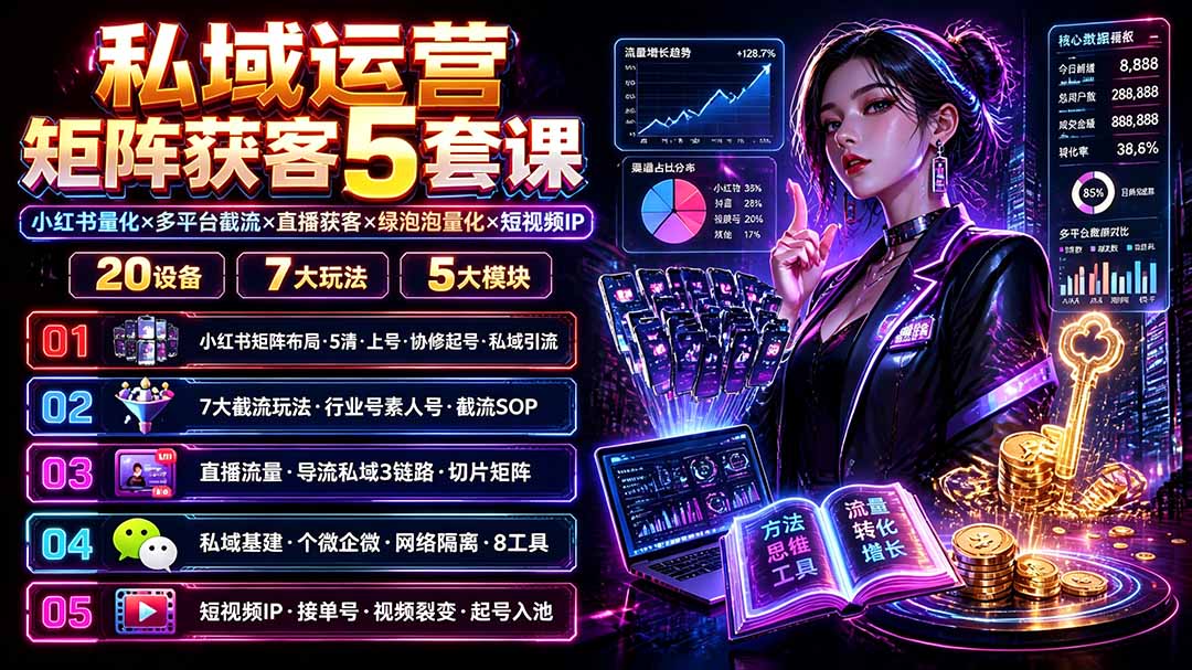 私域运营矩阵获客5套课：小红书量化×多平台截流×直播获客×绿泡泡量化×短视频IP×20设备×7大玩法-FANGXZHAN网创