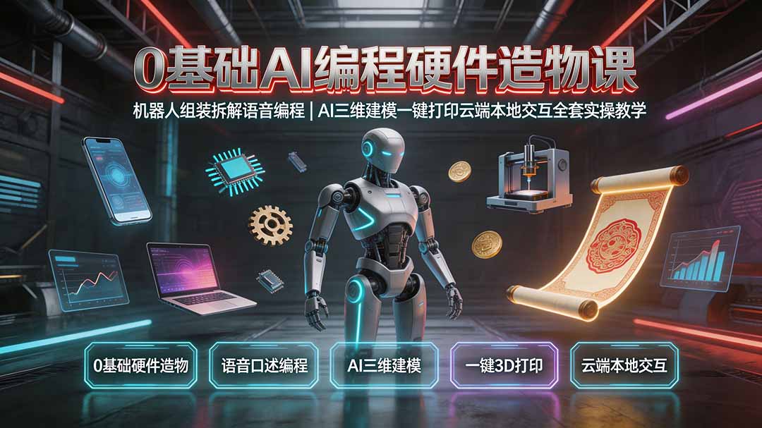 0基础AI编程硬件造物课｜机器人组装拆解语音编程，AI三维建模一键打印云端本地交互全套实操教学-FANGXZHAN网创