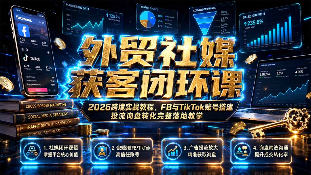外贸社媒获客闭环课｜2026跨境实战教程，FB与TikTok账号搭建投流询盘转化完整落地教学-FANGXZHAN网创