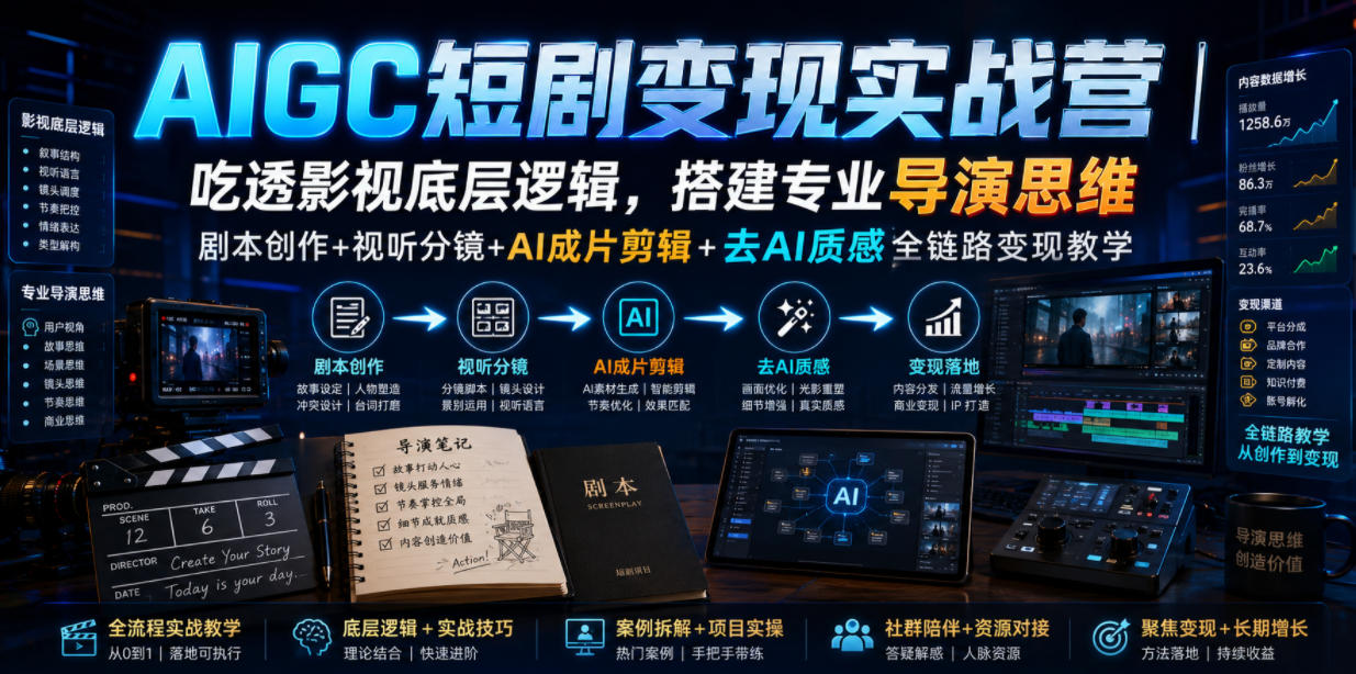 AIGC短剧变现实战营｜吃透影视底层逻辑，搭建专业导演思维，剧本创作+视听分镜+AI成片剪辑+去AI质感全链路变现教学-FANGXZHAN网创