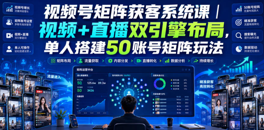 视频号矩阵获客系统课｜视频+直播双引擎布局，单人搭建50账号矩阵玩法，流量入池、搜索占位、全域引流沉淀私域全流程教学-FANGXZHAN网创