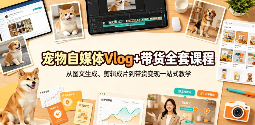宠物自媒体Vlog+带货全套课程｜从图文生成、剪辑成片到带货变现一站式教学-FANGXZHAN网创
