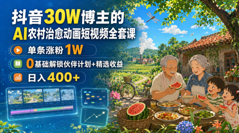 抖音30W博主的AI农村治愈动画短视频全套课｜单条涨粉1W，0基础解锁伙伴计划+精选收益，日入400+-FANGXZHAN网创