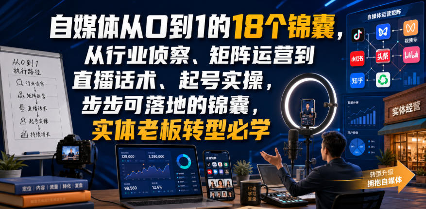 自媒体从0到1的18个锦囊，从行业侦察、矩阵运营到直播话术、起号实操，步步可落地的锦囊，实体老板转型必学-FANGXZHAN网创