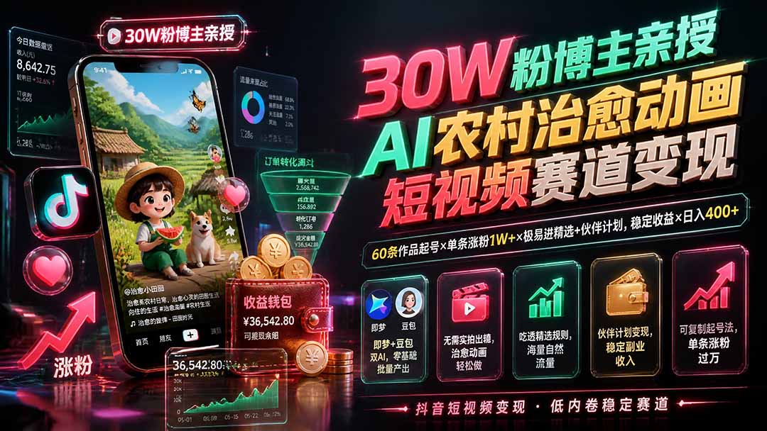 30W粉博主亲授AI农村治愈动画短视频赛道变现：60条作品起号×单条涨粉1W+×极易进精选+伙伴计划，稳定收益×日入400+-FANGXZHAN网创