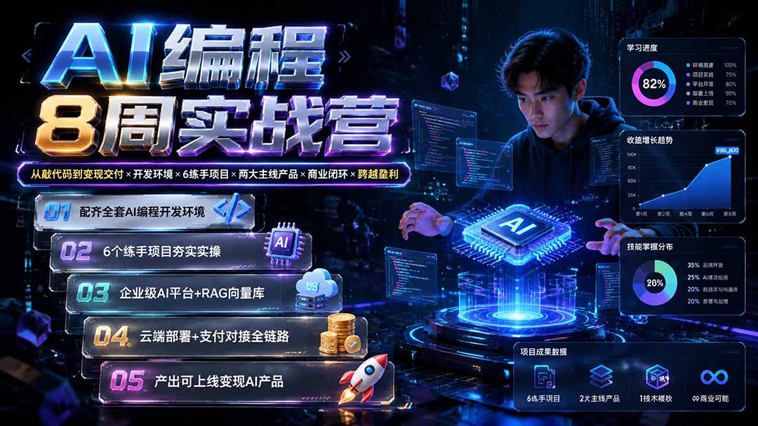 AI编程8周实战营：从敲代码到变现交付×开发环境×6练手项目×两大主线产品×商业闭环×跨越盈利-FANGXZHAN网创