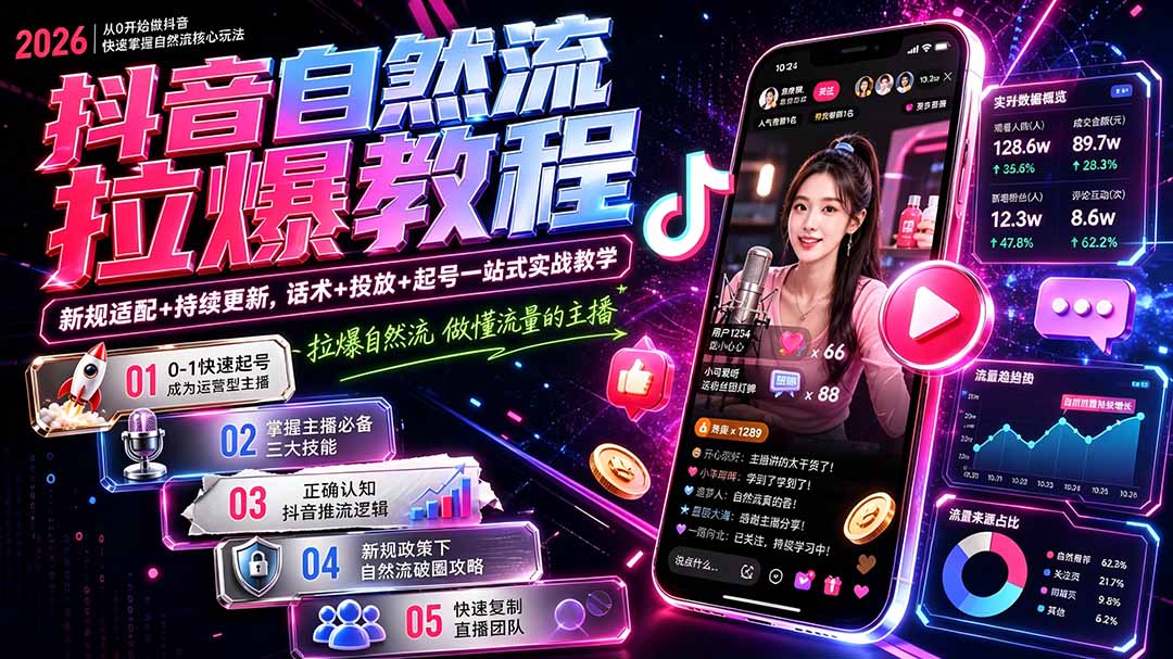 抖音自然流拉爆教程-更新7月：做懂流量的主播，新规适配+持续更新，话术+投放+起号一站式实战教学-FANGXZHAN网创