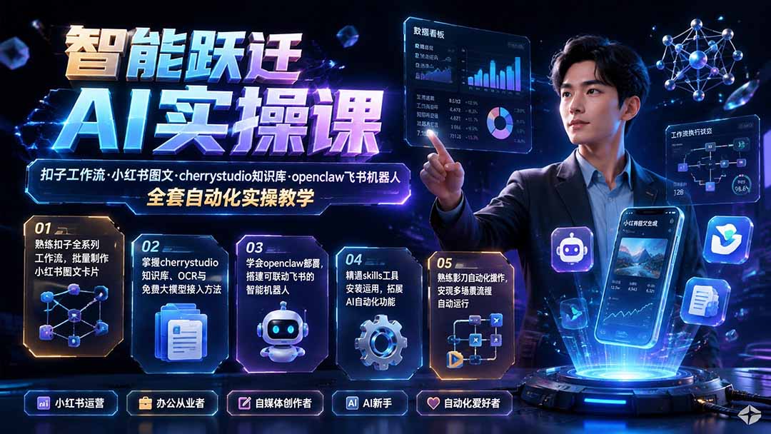 智能跃迁 AI实操课｜扣子工作流小红书图文搭建，cherrystudio知识库openclaw飞书机器人全套自动化实操教学-FANGXZHAN网创