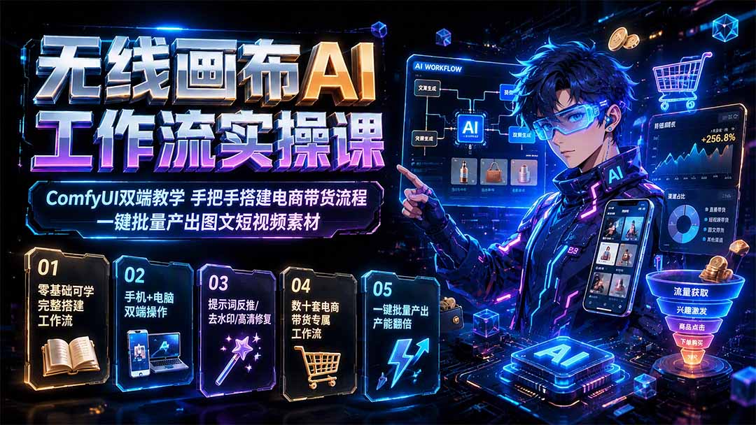 无线画布AI工作流实操课｜ComfyUI双端教学，手把手搭建电商带货流程，一键批量产出图文短视频素材-FANGXZHAN网创