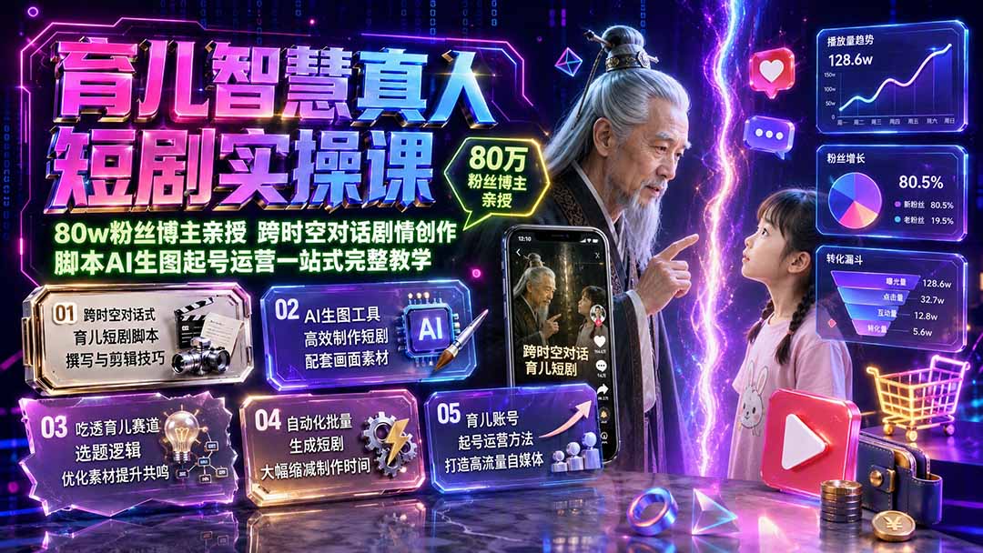 育儿智慧真人短剧实操课｜80w粉丝博主亲授，跨时空对话剧情创作，脚本AI生图起号运营一站式完整教学-FANGXZHAN网创