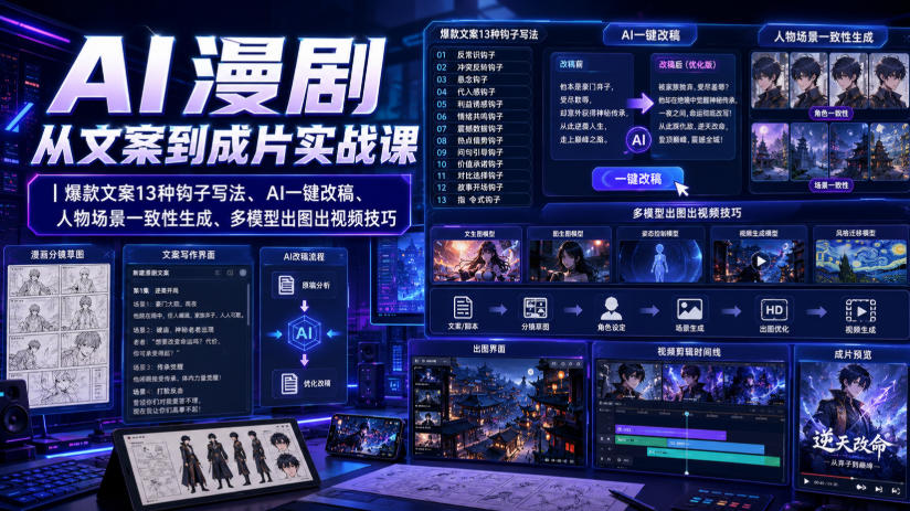 AI漫剧从文案到成片实战课｜爆款文案13种钩子写法、AI一键改稿、人物场景一致性生成、多模型出图出视频技巧-FANGXZHAN网创