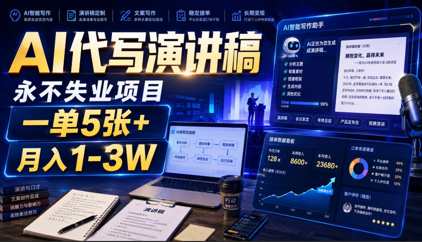 AI代写演讲稿，永不失业项目，一单5张+，月入1-3W【揭秘】-FANGXZHAN网创