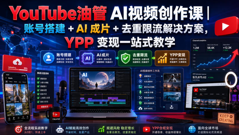 YouTube油管AI视频创作课｜账号搭建+AI成片+去重限流解决方案，YPP变现一站式教学-FANGXZHAN网创