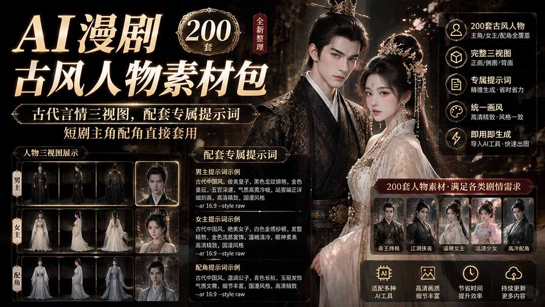 AI漫剧古风人物素材包+提示词｜200 套古代言情三视图，配套专属提示词短剧主角配角直接套用-FANGXZHAN网创