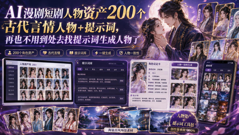 AI漫剧短剧人物资产200个古代言情人物+提示词，再也不用到处去找提示词生成人物了-FANGXZHAN网创