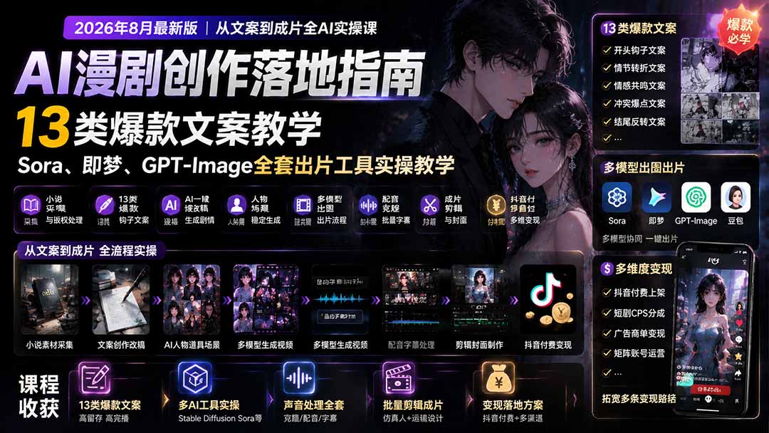 AI漫剧创作落地指南｜13类爆款文案教学，Sora、即梦、GPT-Image全套出片工具实操教学-FANGXZHAN网创