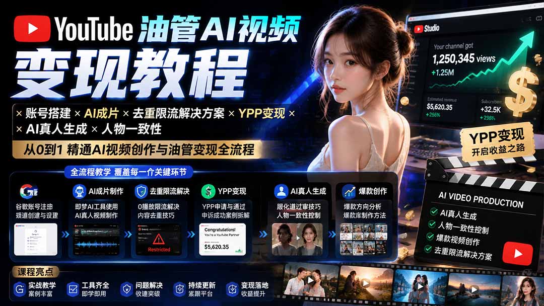 YouTube油管AI视频变现教程：账号搭建×AI成片×去重限流解决方案×YPP变现×AI真人生成×人物一致性-FANGXZHAN网创