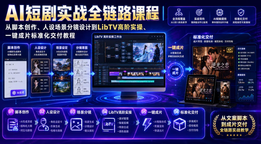 AI短剧实战全链路课程｜从脚本创作、人设场景分镜设计到LibTV高阶实操、一键成片标准化交付教程-FANGXZHAN网创