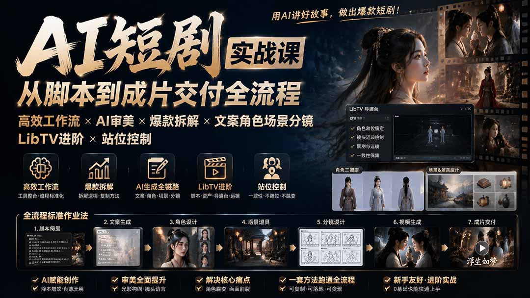 AI短剧实战课：高效工作流×AI审美×爆款拆解×文案角色场景分镜×LibTV进阶×站位控制×从脚本到成片交付全流程-FANGXZHAN网创