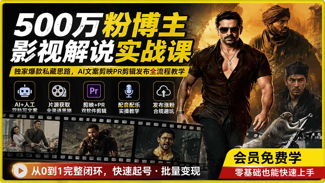 500万粉博主影视解说实战课｜独家爆款私藏思路，AI文案剪映PR剪辑发布全流程教学-FANGXZHAN网创