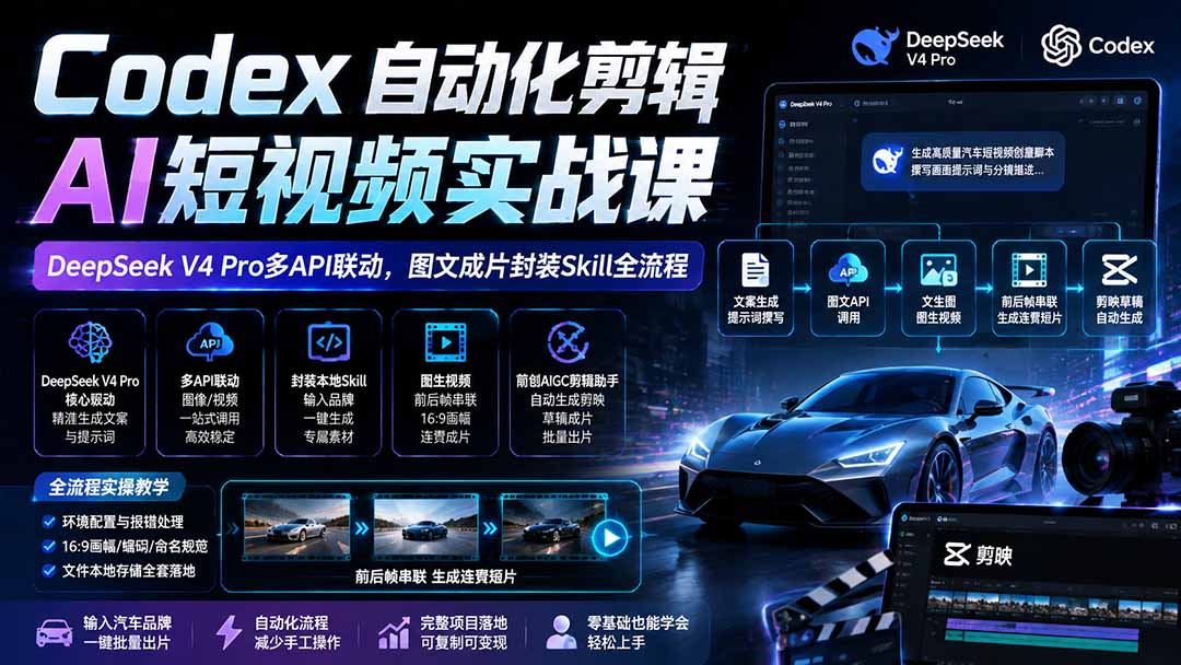Codex自动化剪辑AI短视频实战课｜DeepSeek V4 Pro多API联动，图文成片封装Skill全流程-FANGXZHAN网创