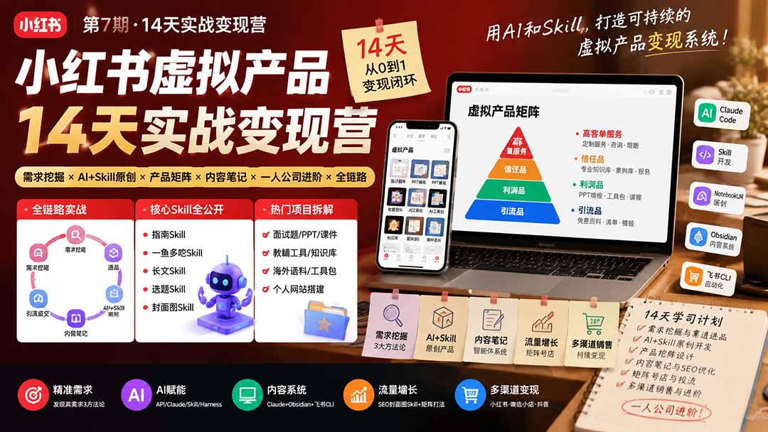 小红书虚拟产品14天实战变现营-第7期：需求挖掘×AI+Skill原创×产品矩阵×内容笔记×一人公司进阶×全链路-FANGXZHAN网创