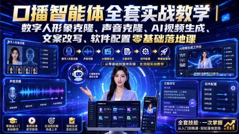 口播智能体全套实战教学｜数字人形象克隆、声音克隆、AI视频生成、文案改写、软件配置零基础落地课-FANGXZHAN网创