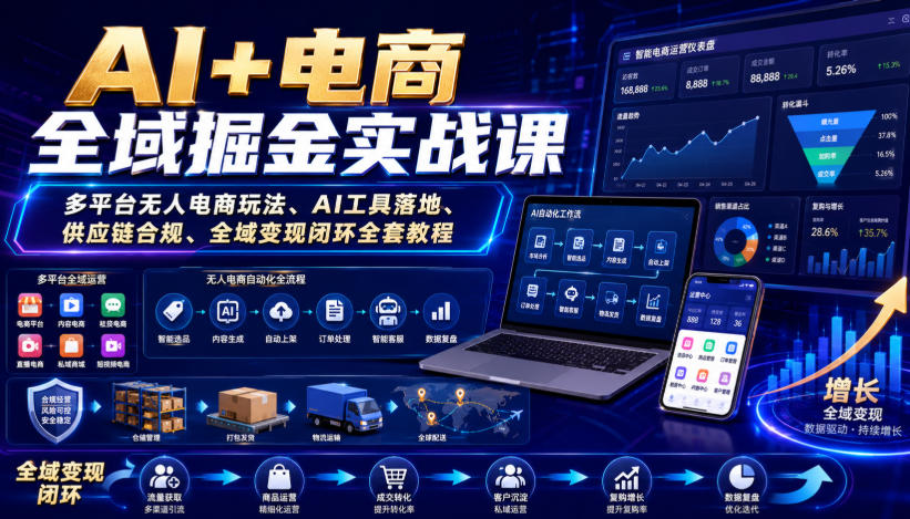 AI+电商全域掘金实战课｜多平台无人电商玩法、AI工具落地、供应链合规、全域变现闭环全套教程-FANGXZHAN网创