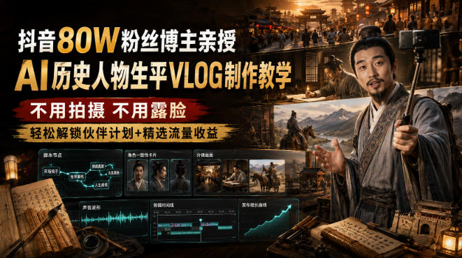 抖音80W粉丝博主的AI历史人物生平VLOG教学，不用拍摄不用露脸，AI帮你搞定，轻松解锁伙伴计划+精选收益-FANGXZHAN网创