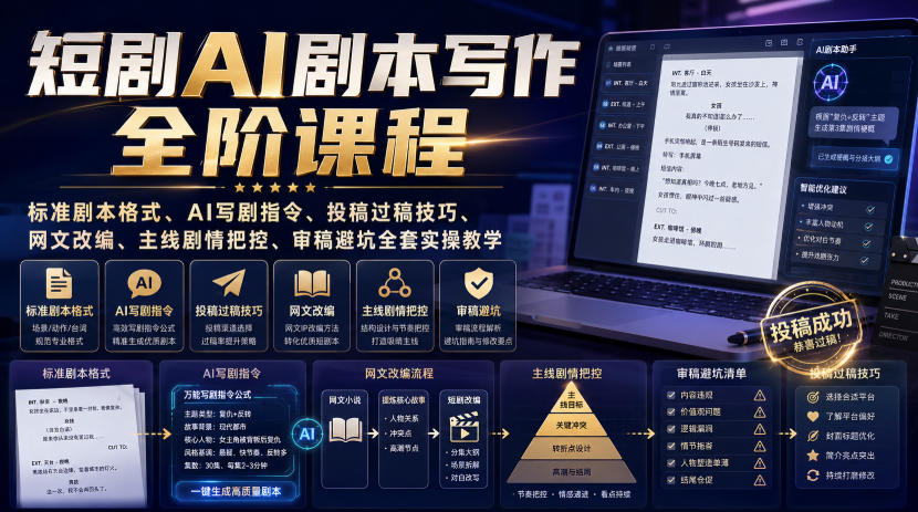 短剧AI剧本写作全阶课程｜标准剧本格式、AI写剧指令、投稿过稿技巧、网文改编、主线剧情把控、审稿避坑全套实操教学-FANGXZHAN网创