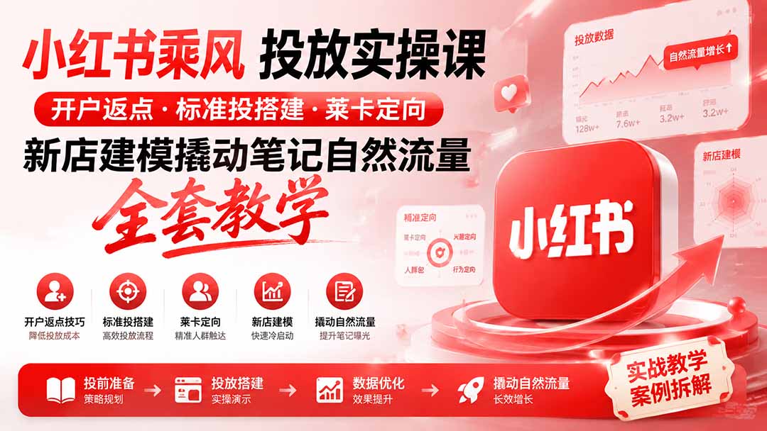 小红书乘风投放-100分钟实操课｜开户返点·标准投搭建·莱卡定向，新店建模撬动笔记自然流量全套教学-FANGXZHAN网创
