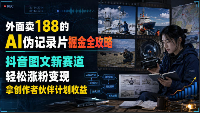 外面卖188的AI伪记录片掘金全攻略，抖音图文新赛道，轻松涨粉变现，拿创作者伙伴计划收益【文档】-HFXZHAN网创