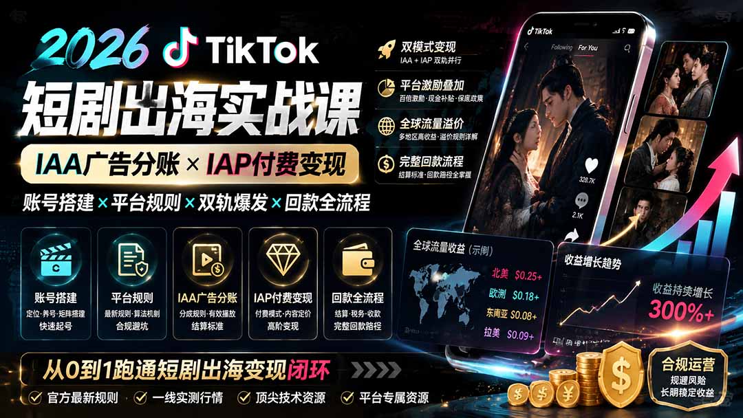 2026TikTok短剧出海实战课：IAA广告分账×IAP付费变现×账号搭建×平台规则×双轨爆发×回款全流程-FANGXZHAN网创
