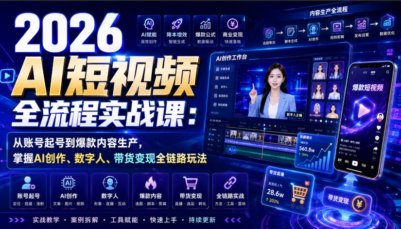 2026 AI短视频全流程实战课：从账号起号到爆款内容生产，掌握AI创作、数字人、带货变现全链路玩法-HFXZHAN网创