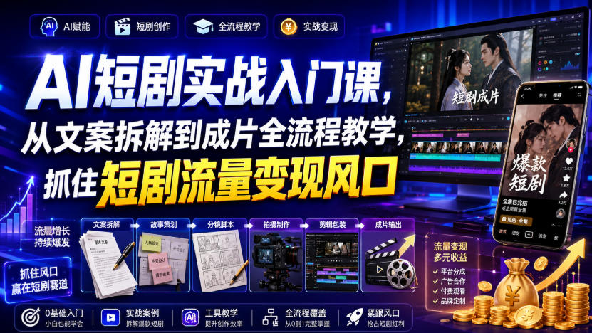 AI短剧实战入门课，从文案拆解到成片全流程教学，抓住短剧流量变现风口-HFXZHAN网创