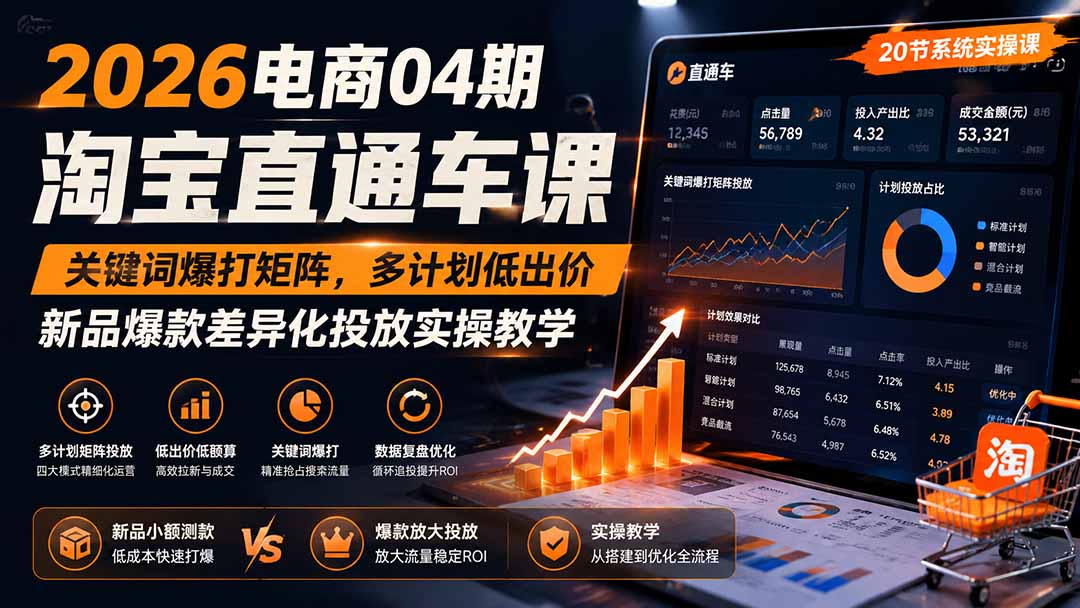 2026电商04期淘宝直通车课｜关键词爆打矩阵，多计划低出价，新品爆款差异化投放实操教学-HFXZHAN网创