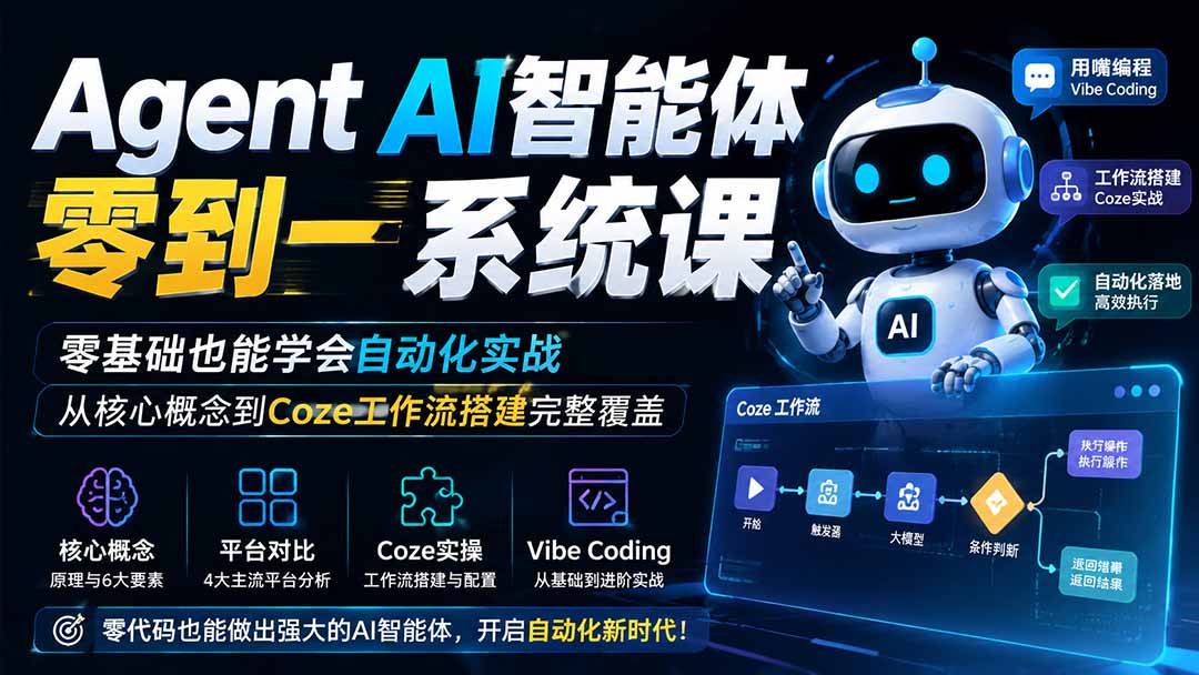 Agent AI智能体零到一系统课；零基础也能学会自动化实战，从核心概念到Coze工作流搭建完整覆盖-HFXZHAN网创
