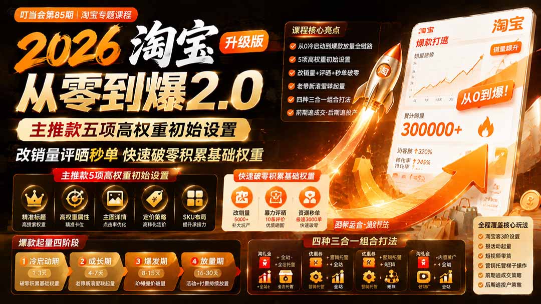 2026淘宝从零到爆2.0第85期；主推款五项高权重初始设置，改销量评晒秒单快速破零积累基础权重-FANGXZHAN网创