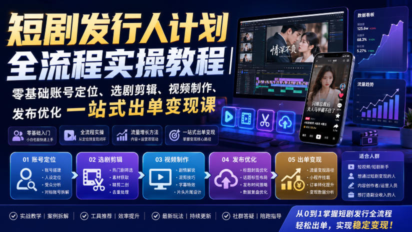短剧发行人计划全流程实操教程｜零基础账号定位、选剧剪辑、视频制作、发布优化一站式出单变现课​-HFXZHAN网创