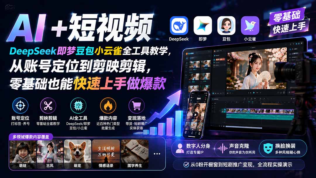 AI+短视频｜DeepSeek即梦豆包小云雀全工具教学，从账号定位到剪映剪辑，零基础也能快速上手做爆款-HFXZHAN网创