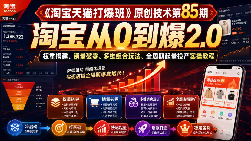 《淘宝天猫打爆班》原创技术第85期，淘宝从0到爆2.0，权重搭建、销量破零、多维组合玩法、全周期起量投产实操教程-HFXZHAN网创