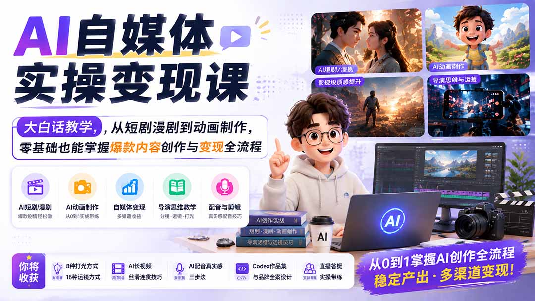 AI自媒体实操变现课｜大白话教学，从短剧漫剧到动画制作，零基础也能掌握爆款内容创作与变现全流程-HFXZHAN网创