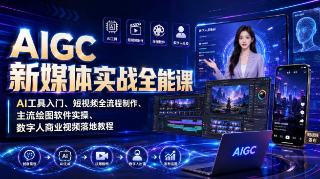 AIGC新媒体实战全能课｜AI工具入门、短视频全流程制作、主流绘图软件实操、数字人商业视频落地教程-HFXZHAN网创