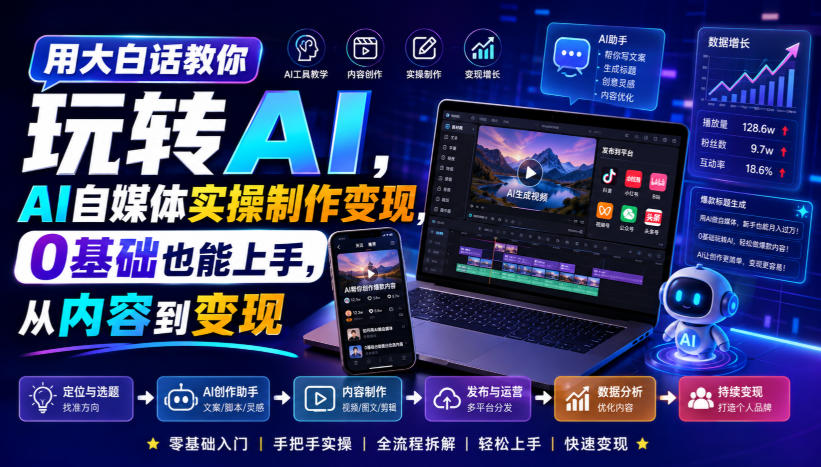 用大白话教你玩转AI，AI自媒体实操制作变现，0基础也能上手，从内容到变现-HFXZHAN网创