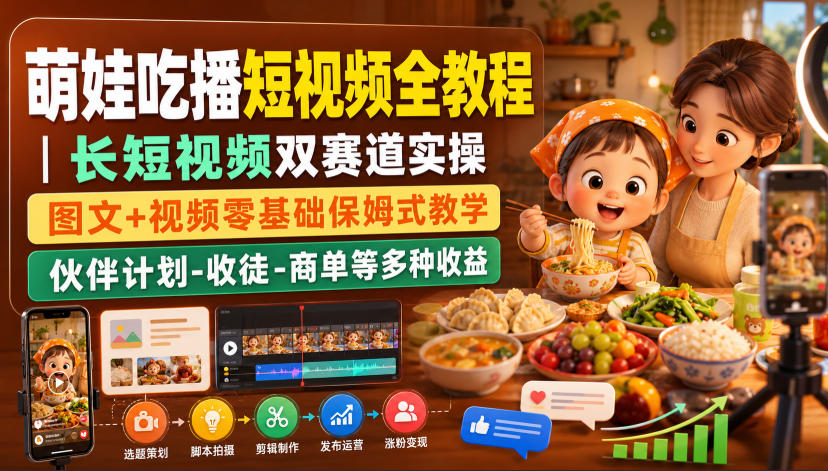 萌娃吃播短视频全教程｜长短视频双赛道实操，图文+视频零基础保姆式教学，伙伴计划-收徒-商单等多种变现方式-HFXZHAN网创