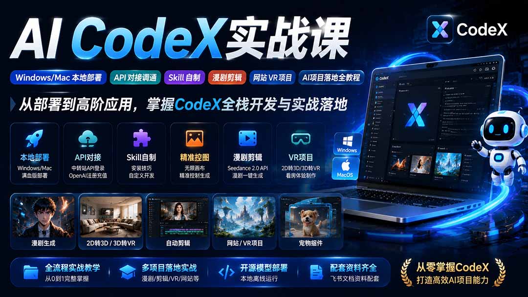 AI  CodeX实战课｜Windows/Mac 本地部署｜API 对接调通｜Skill 自制｜漫剧剪辑｜网站 VR 项目｜AI项目落地全教程-HFXZHAN网创