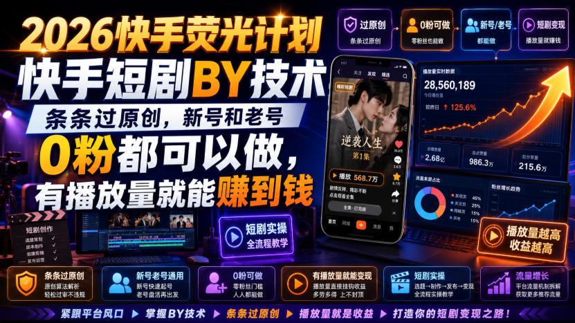 2026快手荧光计划，快手短剧搬运技术，条条过原创，新号和老号0粉都可以做，有播放量就能賺到钱-HFXZHAN网创