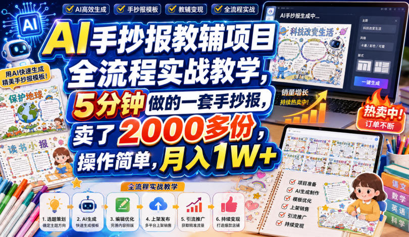 AI手抄报教辅项目全流程实战教学，5分钟做的一套手抄报，卖了2000多份，操作简单，月入1W+-HFXZHAN网创
