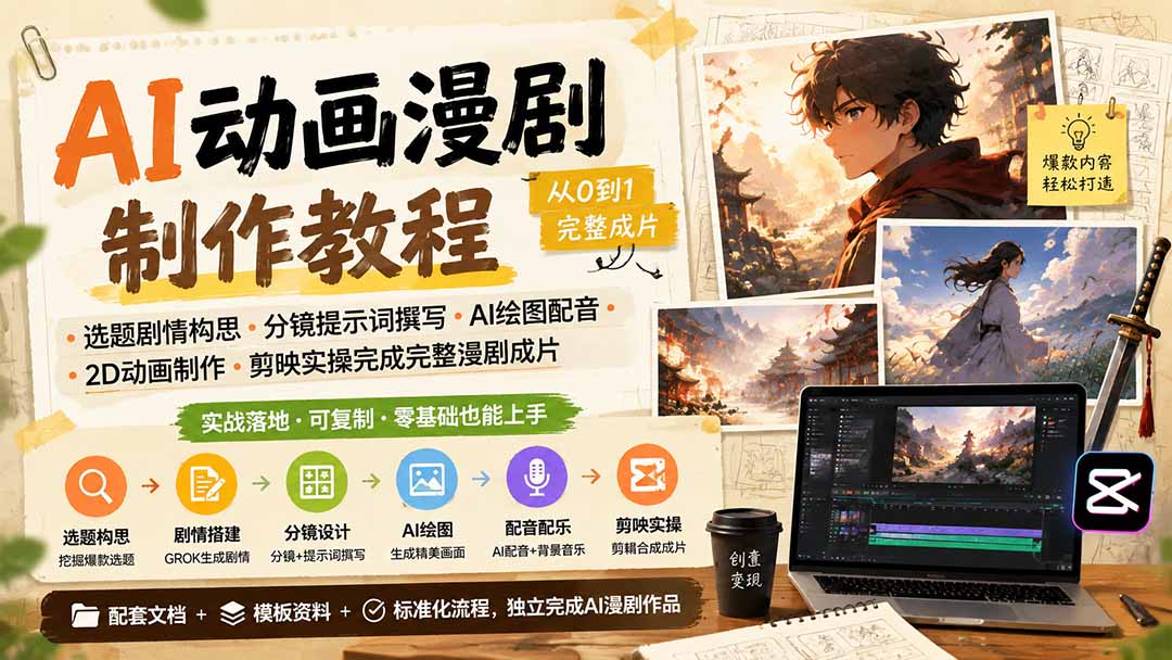 AI动画漫剧制作教程｜选题剧情构思·分镜提示词撰写·AI绘图配音·2D动画制作·剪映实操完成完整漫剧成片-HFXZHAN网创
