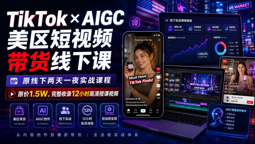 TikTok×AIGC美区短视频带货线下课，原线下两天一夜实战课程，原价1.5W，完整收录12小时高清授课视频-HFXZHAN网创